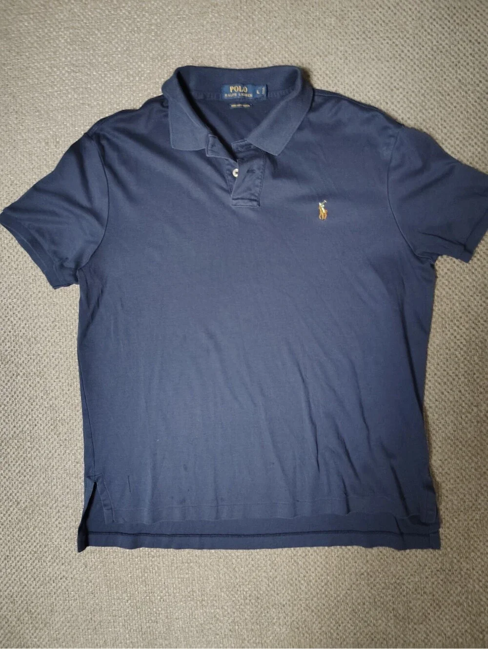 Polo Ralph Lauren Shirt Men's Large Navy Blue Pima Soft Touch Multi Color Pony